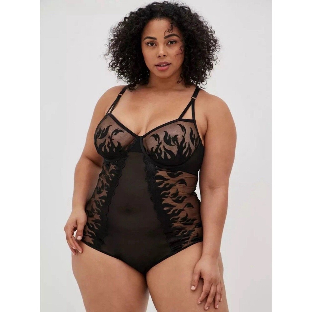 Torrid NWOT Unlined Underwire Bodysuit Embroidered Flames Black Size 3X